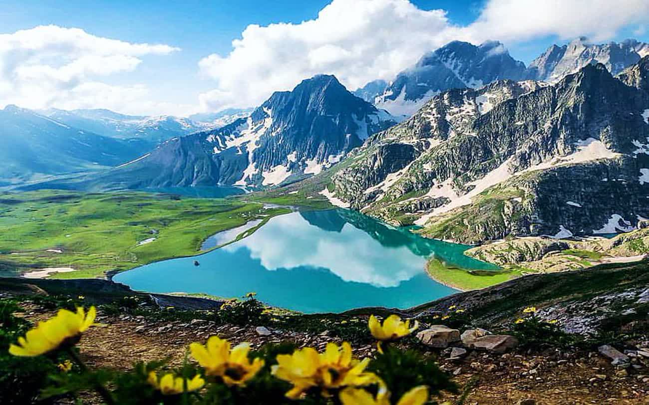 A turquoise alpine lake ringed by mountains with wildflowers in the foreground